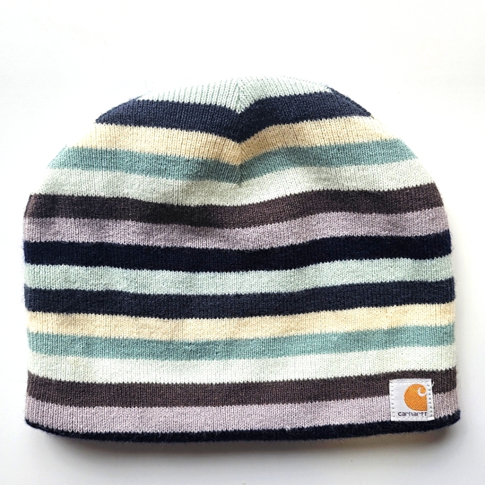 Carhartt Fleece Lined Beanie Hat Sea Glass Stripes with Logo